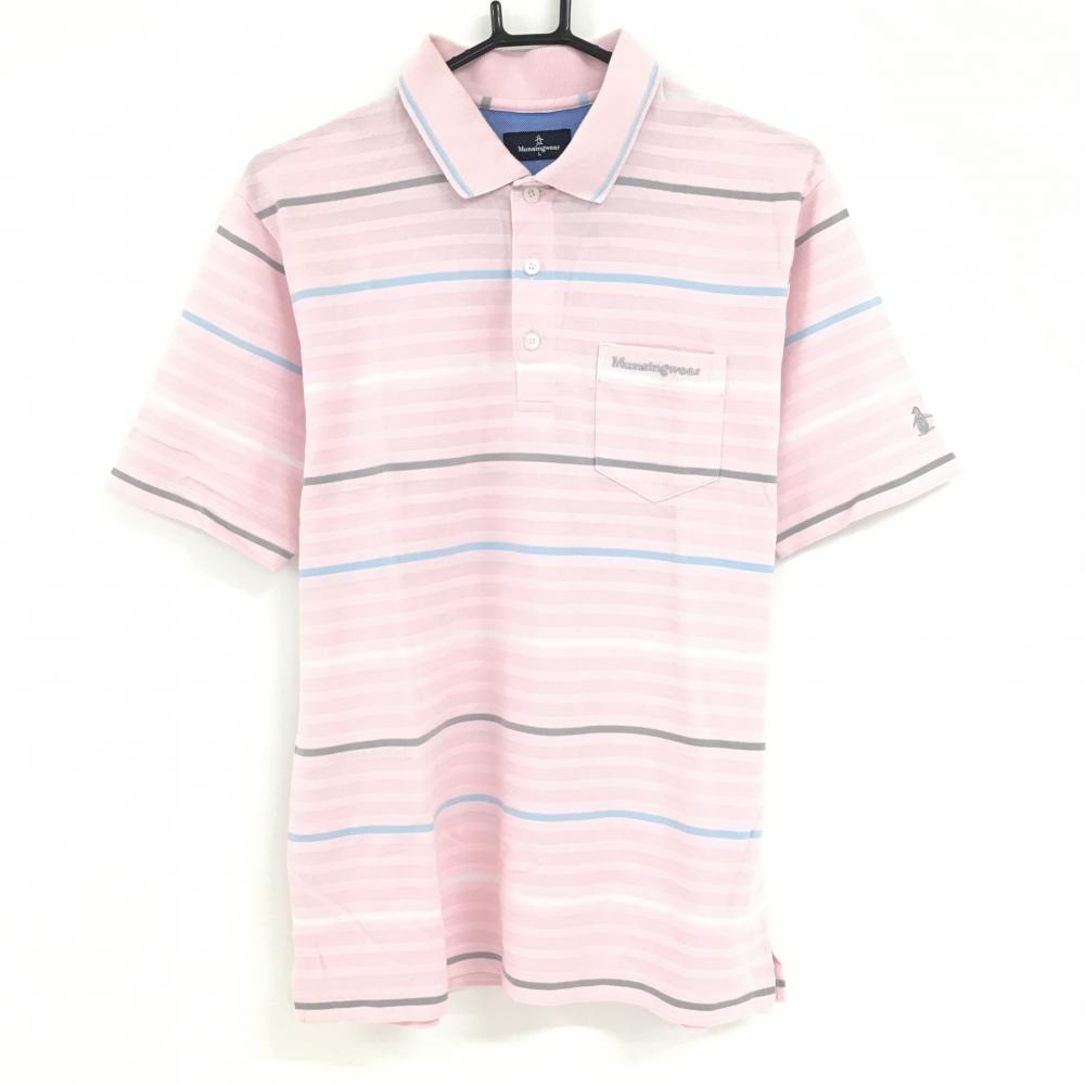 マンシングウェア 半袖ポロシャツ ライトピンク×グレー ボーダー柄 総柄  メンズ L ゴルフウェア Munsingwear