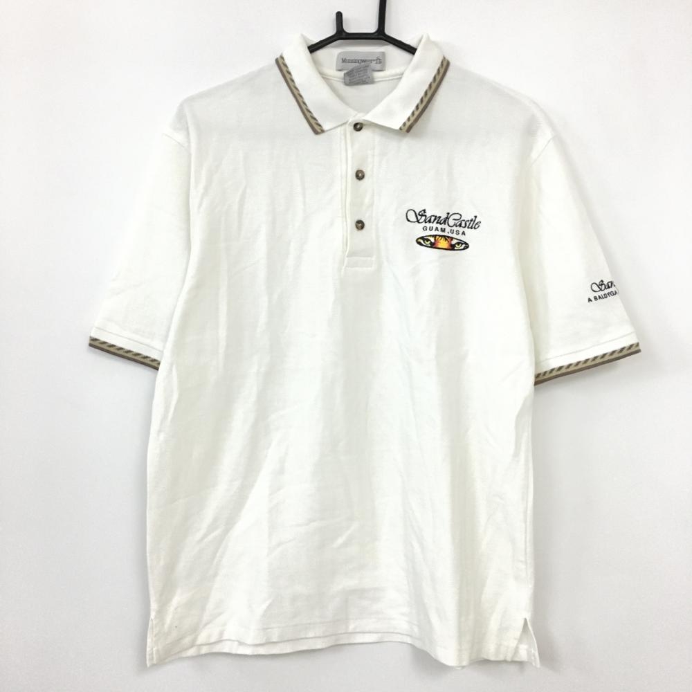 Munsingwear マンシングウェア 半袖ポロシャツ 白×ブラウン コットン100％ ヘリンボーン織生地 メンズ M ゴルフウェア