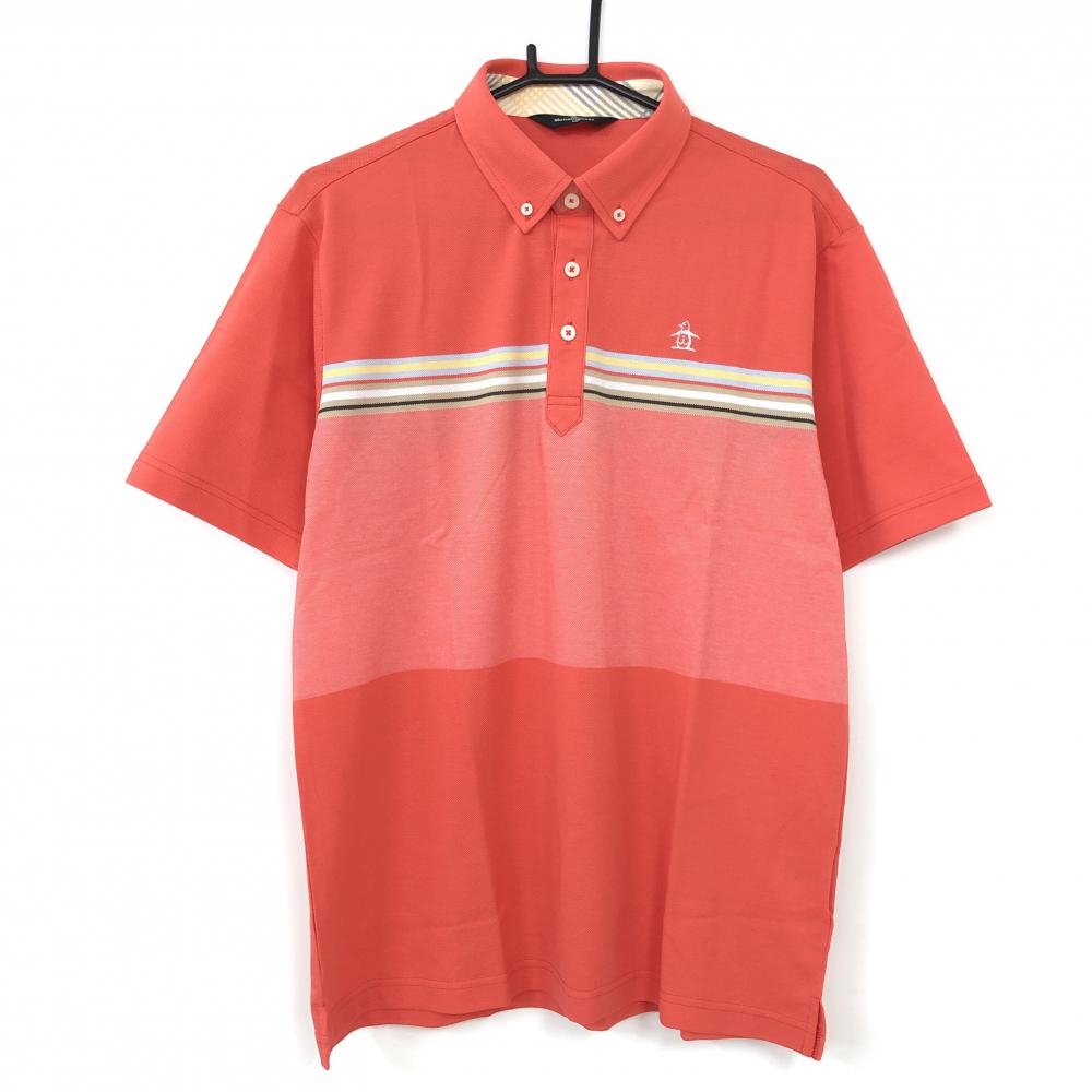 【未使用品】Munsingwear マンシングウェア 半袖ポロシャツ レッド×ライトブルー 一部ボーダー ボタンダウン メンズ LL ゴルフウェア