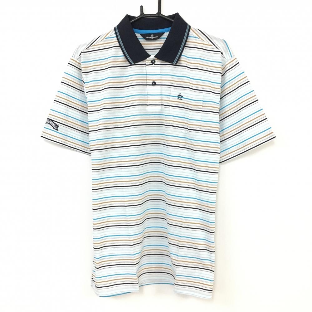 【超美品】Munsingwear マンシングウェア 半袖ポロシャツ ライトブルー×白 ボーダー 胸ポケット メンズ LL ゴルフウェア