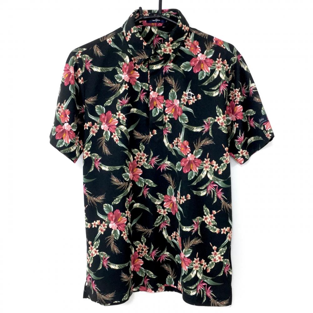 【美品】Munsingwear マンシングウェア 半袖ポロシャツ 黒×ピンク 花柄 メンズ L ゴルフウェア