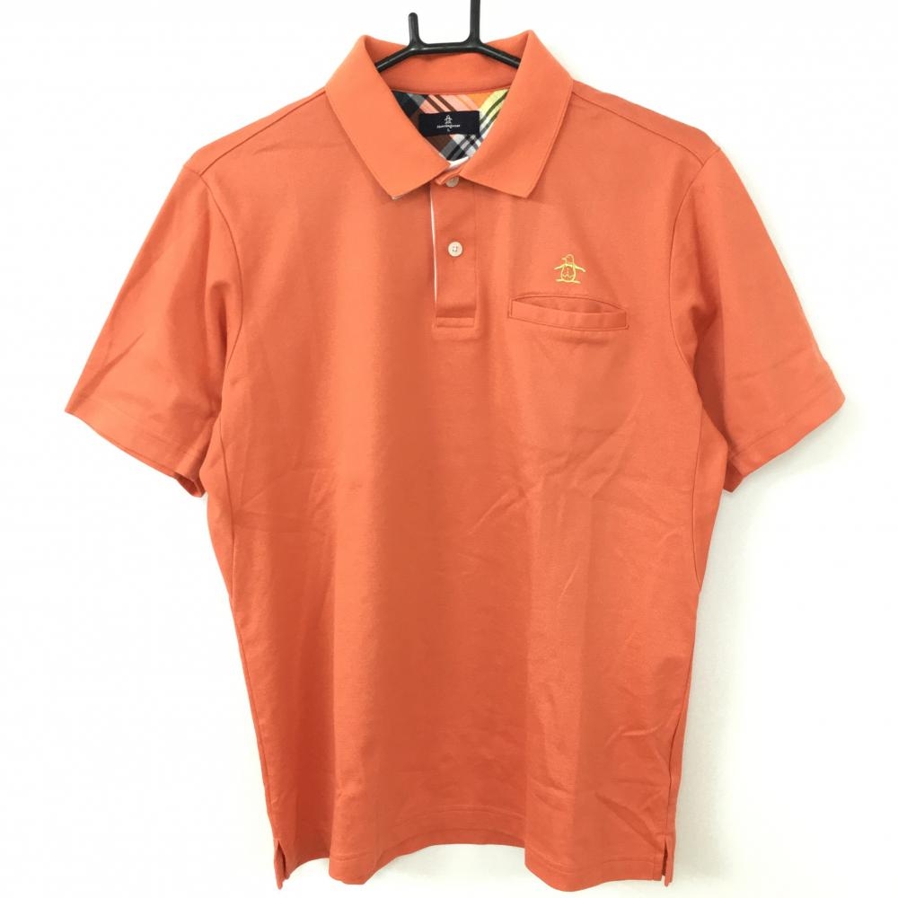 【超美品】Munsingwear マンシングウェア 半袖ポロシャツ オレンジ×イエロー 胸ポケット 襟裏チェック メンズ L ゴルフウェア