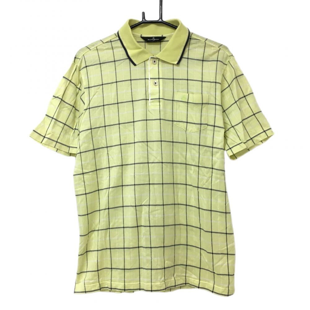 【美品】マンシングウェア 半袖ポロシャツ イエロー×ネイビー チェック 綿100％ メンズ LL ゴルフウェア Munsingwear