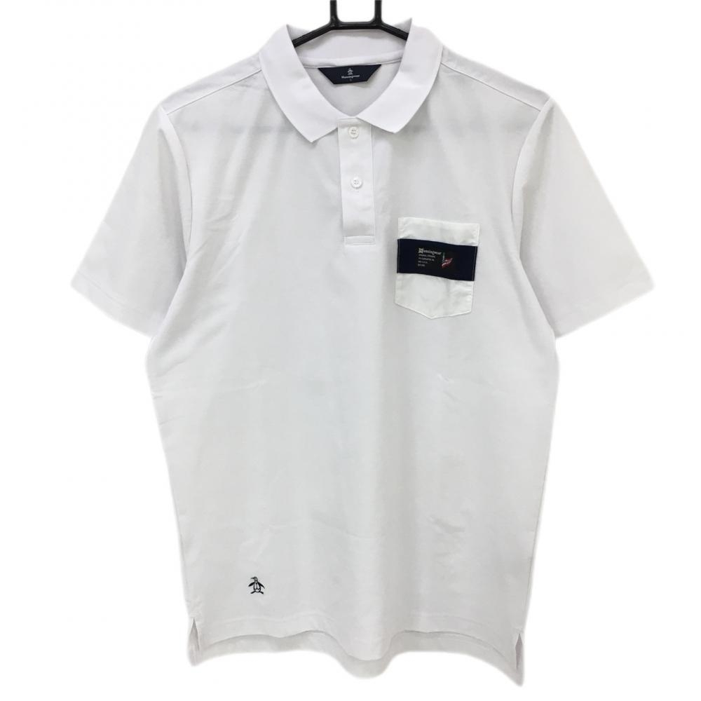 【超美品】マンシングウェア 半袖ポロシャツ 白×ネイビー ポケット異素材  メンズ L ゴルフウェア Munsingwear