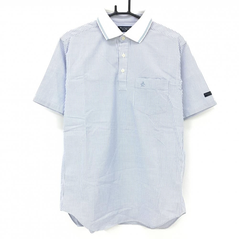 マンシングウェア 半袖ポロシャツ ライトブルー×白 ストライプ 胸ポケット コットン混  メンズ M ゴルフウェア Munsingwear
