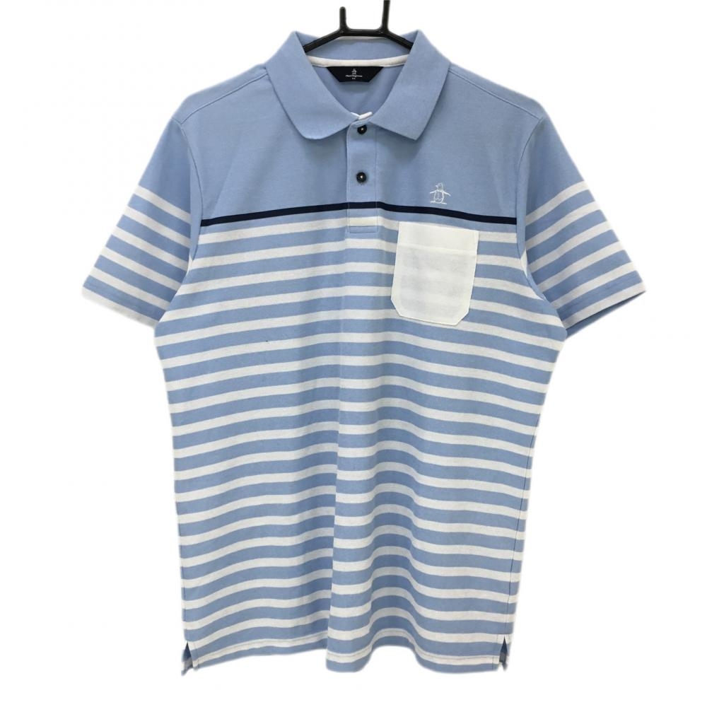 マンシングウェア 半袖ポロシャツ ライトブルー×白 ボーダー 胸ポケット メンズ LL ゴルフウェア Munsingwear