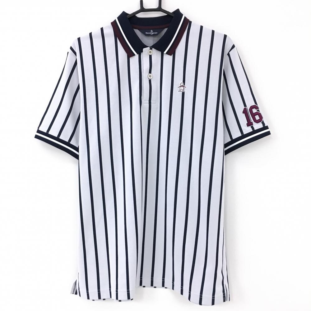 【超美品】マンシングウェア 半袖ポロシャツ 白×ネイビー ストライプ  メンズ LL ゴルフウェア Munsingwear