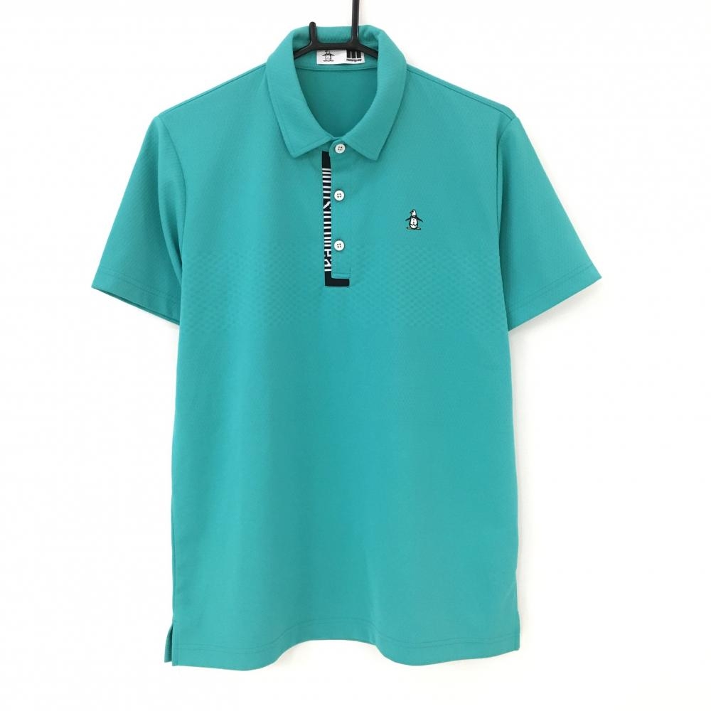 【超美品】マンシングウェア 半袖ポロシャツ グリーン 織生地 前立て横ロゴ メンズ L ゴルフウェア Munsingwear