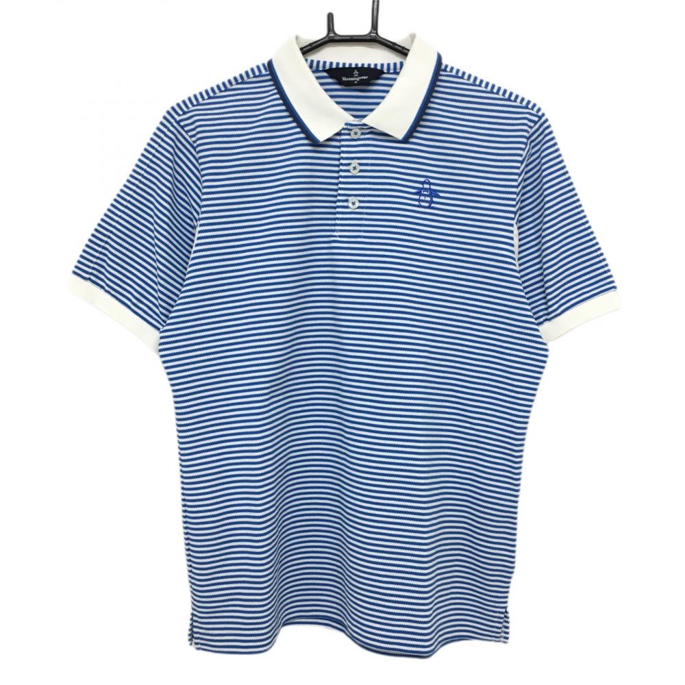 【美品】マンシングウェア 半袖ポロシャツ ブルー×白 ボーダー  メンズ M ゴルフウェア Munsingwear