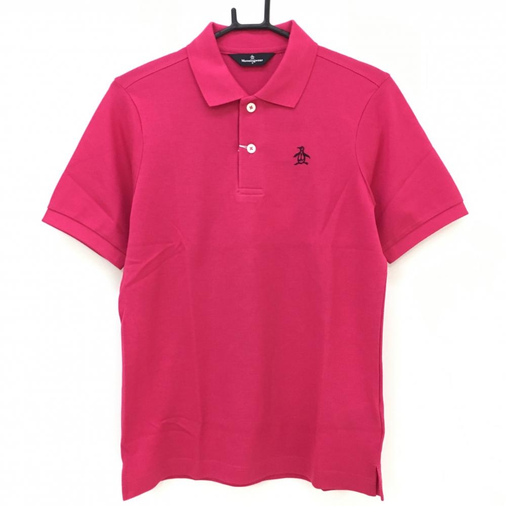 【新品】マンシングウェア 半袖ポロシャツ ピンク ロゴネイビー シンプル 日本製 メンズ S ゴルフウェア Munsingwear