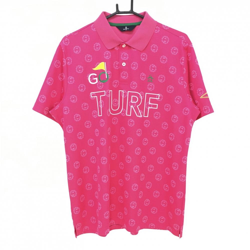 【美品】マンシングウェア 半袖ポロシャツ ピンク×グリーン 総柄  メンズ LL ゴルフウェア Munsingwear