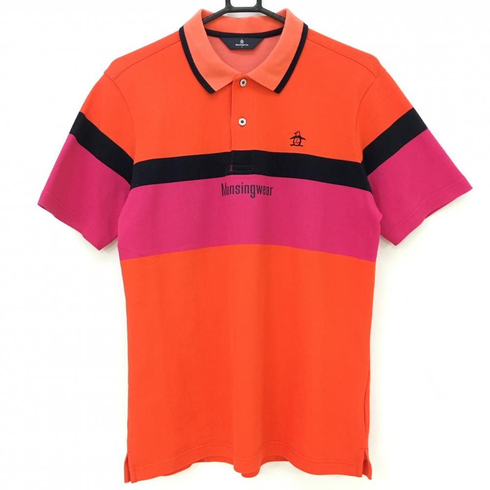 マンシングウェア 半袖ポロシャツ オレンジ×ネイビー ロゴ刺しゅう  メンズ L ゴルフウェア Munsingwear