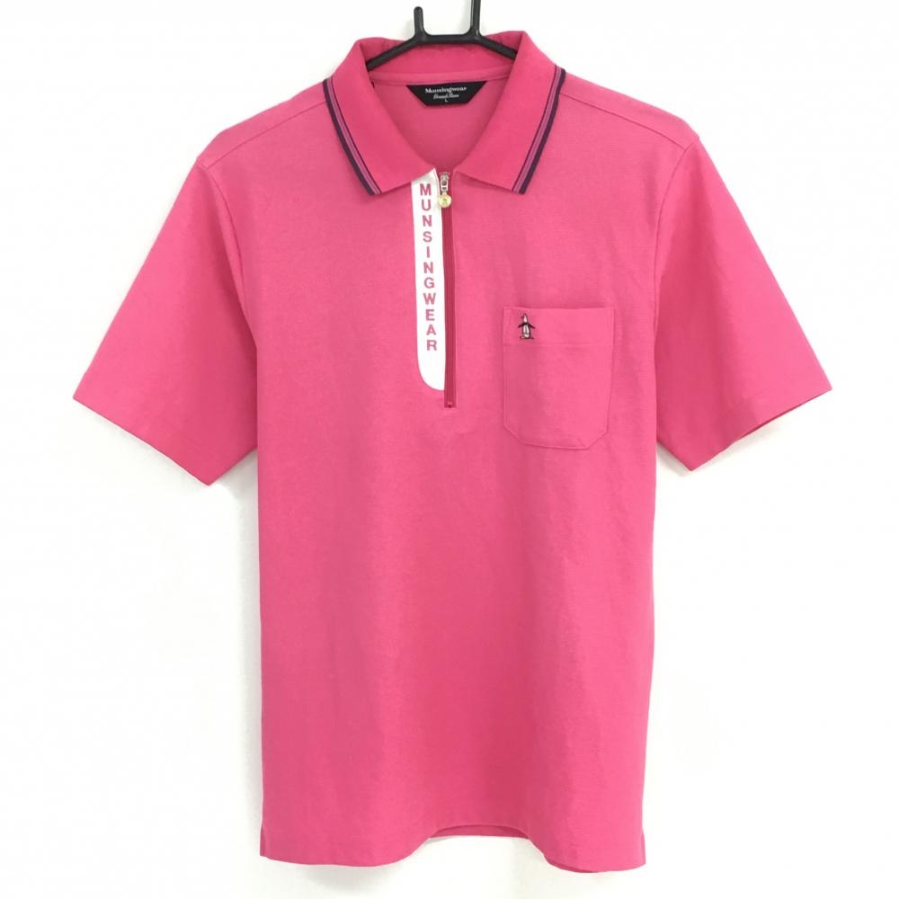 マンシングウェア 半袖ポロシャツ ピンク×白 ネック裏柄 ハーフジップ  メンズ L ゴルフウェア Munsingwear