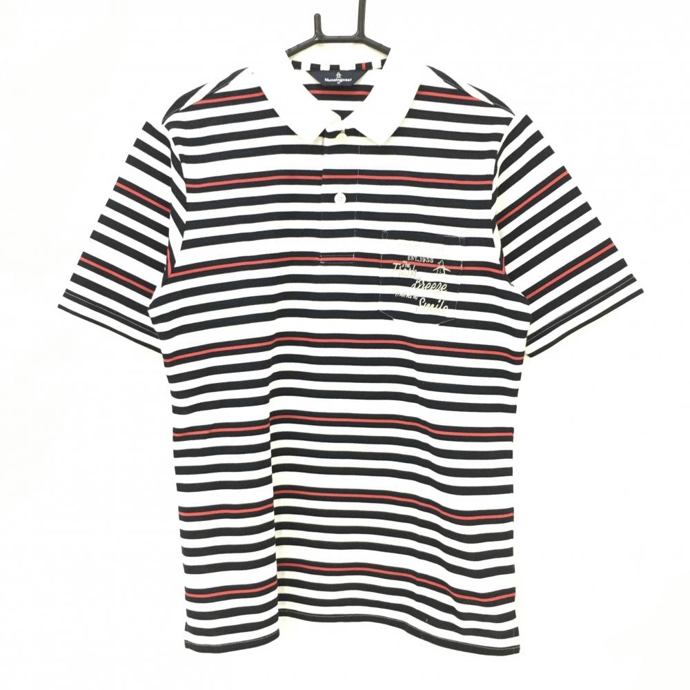 マンシングウェア 半袖ポロシャツ 白×黒 ボーダー 総柄 胸ポケット  メンズ M ゴルフウェア Munsingwear
