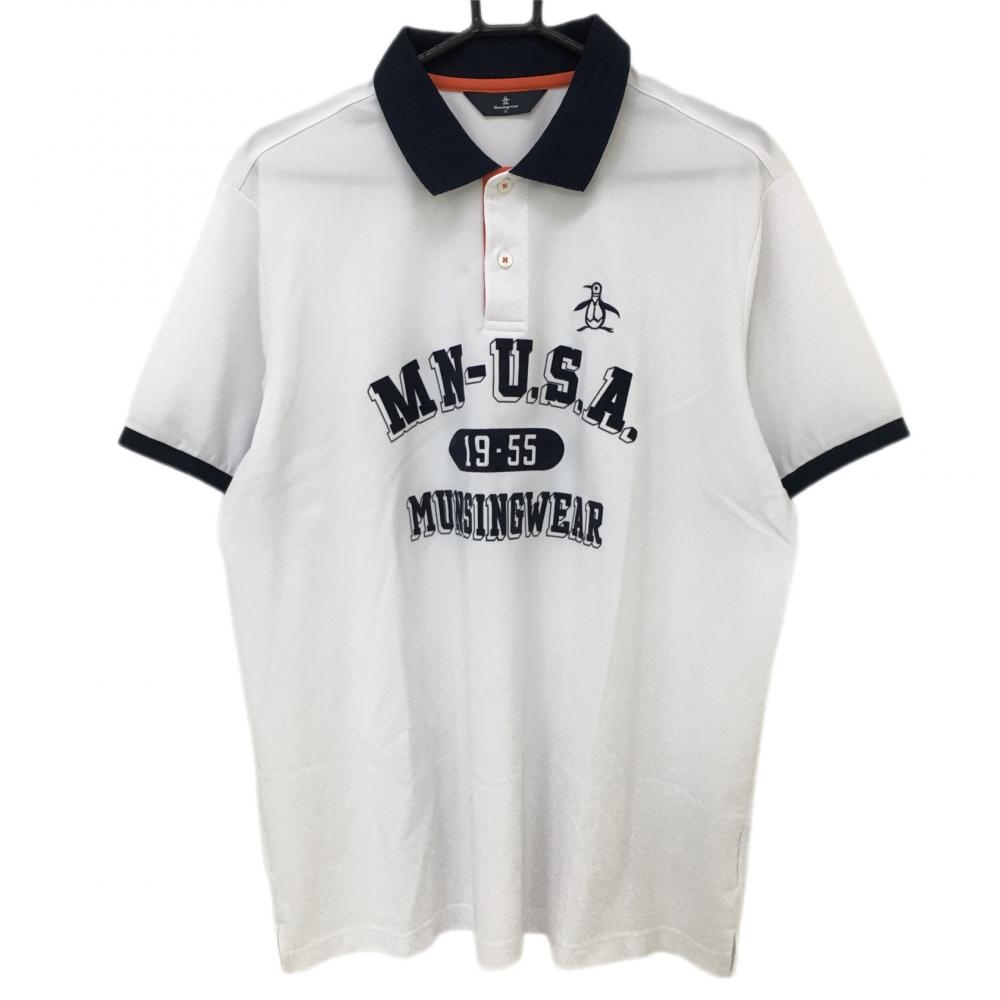 【美品】マンシングウェア 半袖ポロシャツ 白×ネイビー フロッキーロゴ メンズ 3L ゴルフウェア 2021年モデル、大きいサイズ Munsingwear
