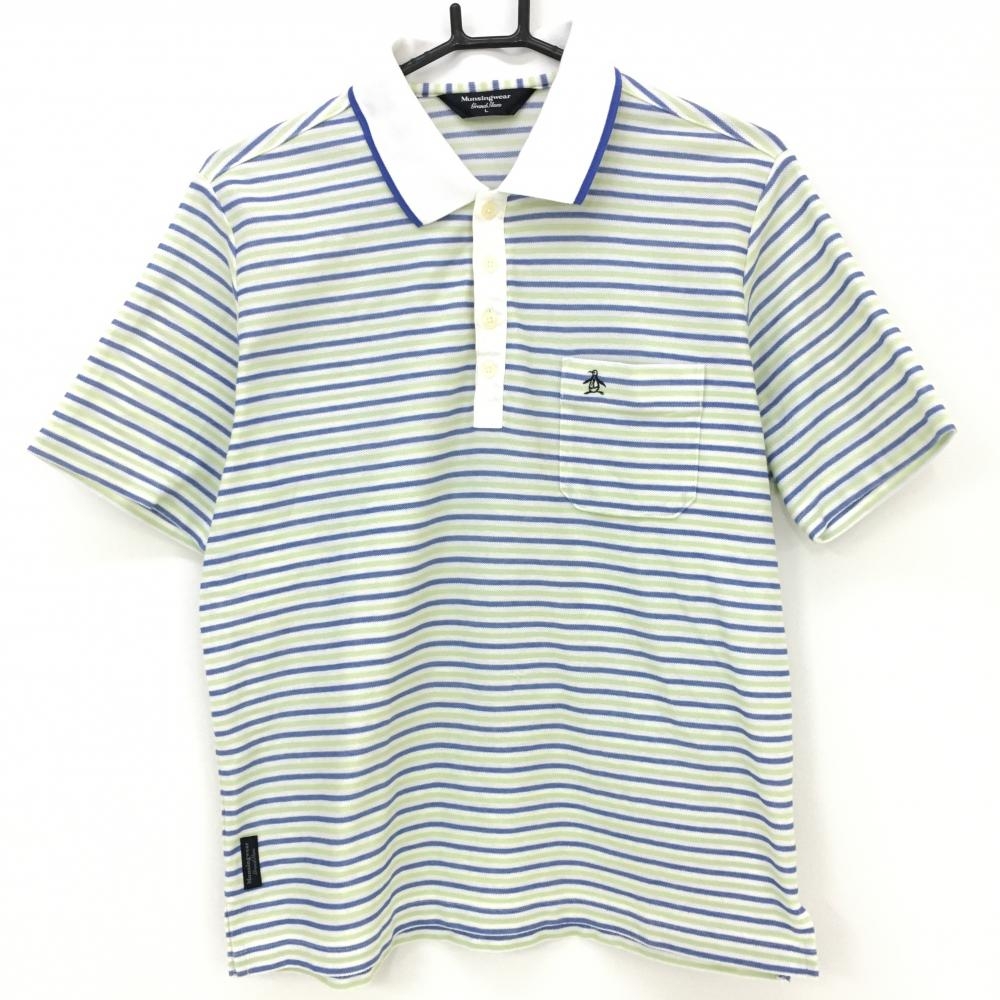 マンシングウェア 半袖ポロシャツ ブルー×ライトグリーン ボーダー 総柄 メンズ L ゴルフウェア Munsingwear