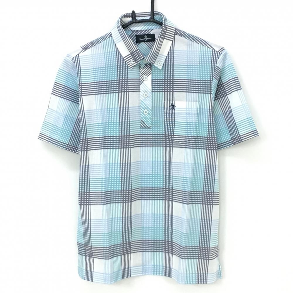【新品】マンシングウェア 半袖ポロシャツ 白×ライトブルー×グレー チェック ボタンダウン メンズ M ゴルフウェア Munsingwear