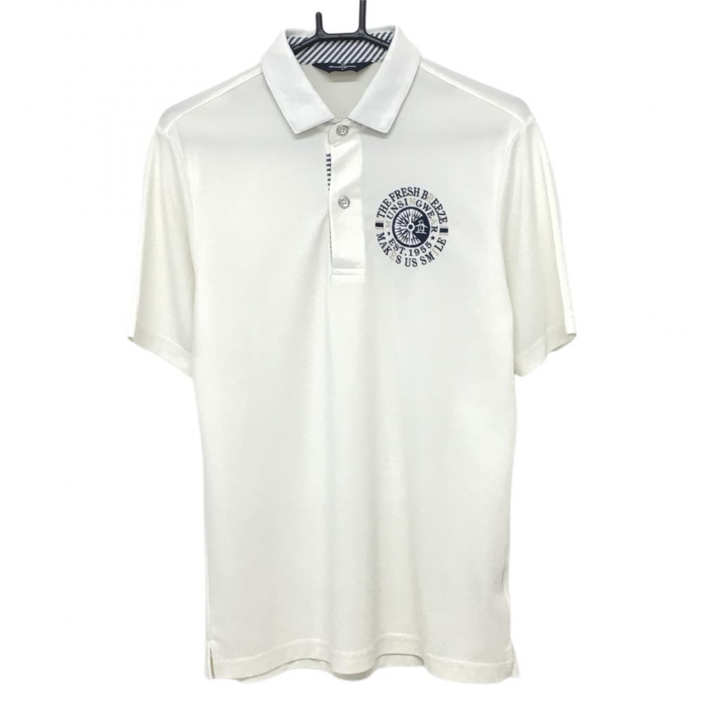 【美品】マンシングウェア 半袖ポロシャツ 白×ネイビー 前立て内側ボーダー メンズ L ゴルフウェア Munsingwear