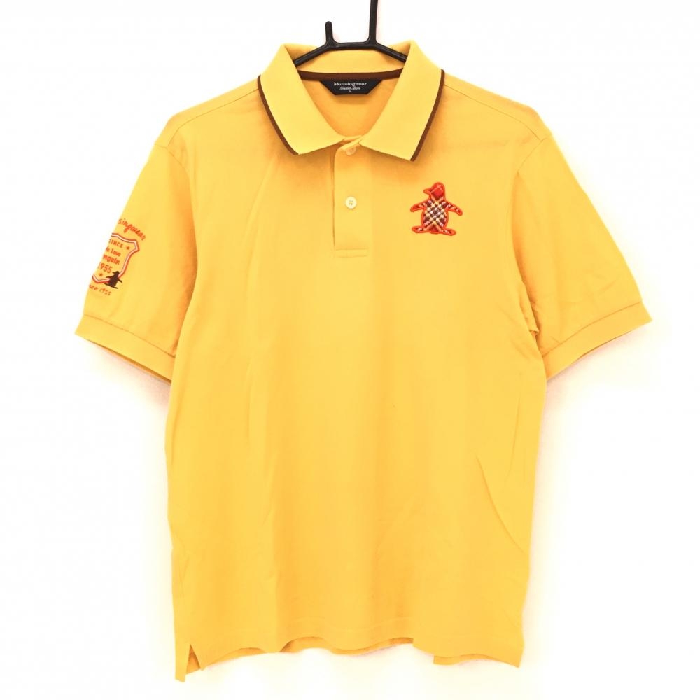 【美品】マンシングウェア 半袖ポロシャツ イエロー×オレンジ 胸元ロゴ 襟裏ボーダー メンズ L ゴルフウェア Munsingwear