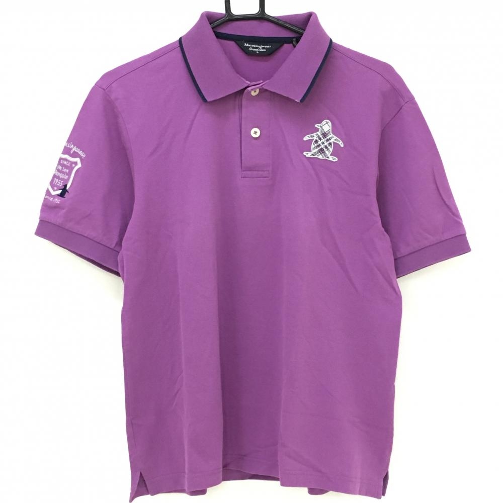 マンシングウェア 半袖ポロシャツ パープル×グレー 胸元ロゴ 襟裏ボーダー  メンズ L ゴルフウェア Munsingwear