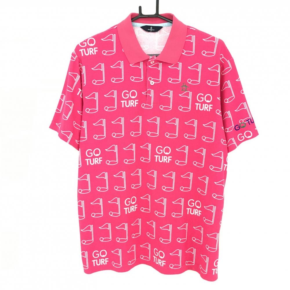 マンシングウェア 半袖ポロシャツ ピンク×白 総柄 パイル地 ロゴ刺しゅう  メンズ LL ゴルフウェア Munsingwear