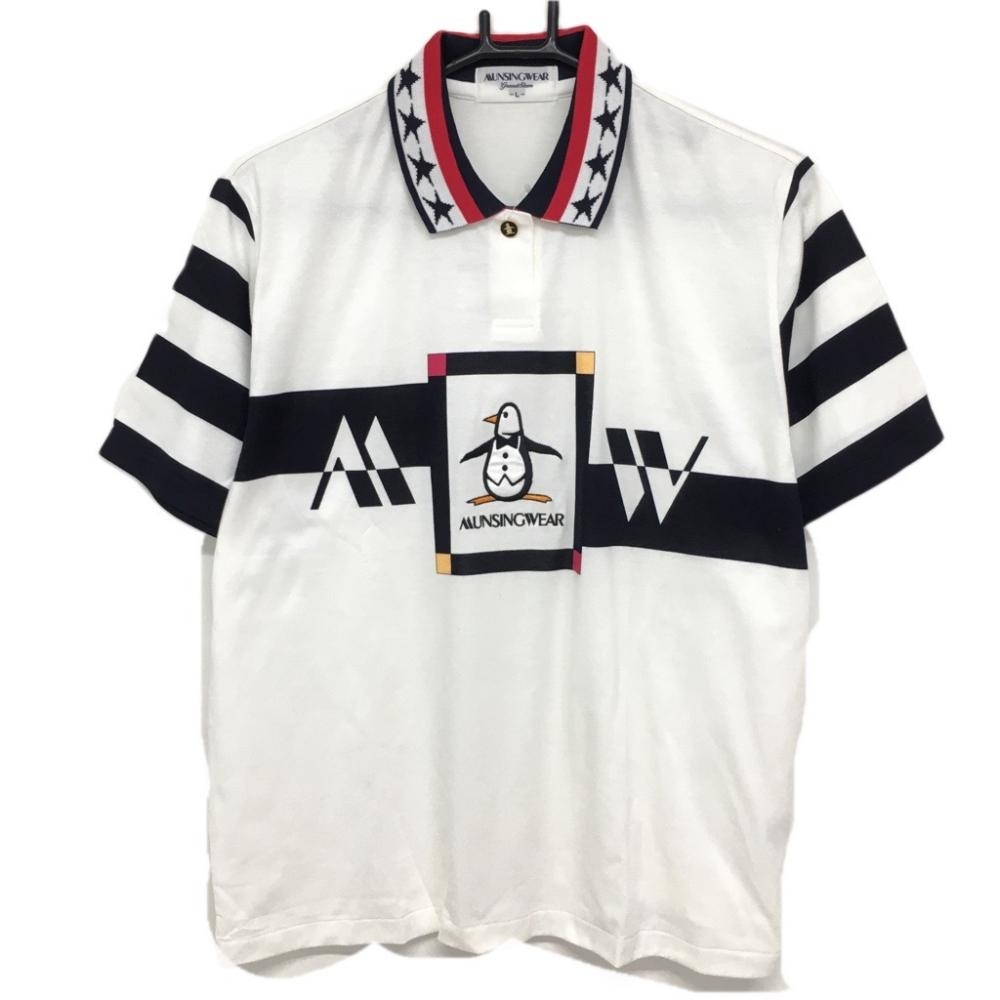 【新品】マンシングウェア 半袖ポロシャツ 白×ネイビー 袖ボーダー 襟星柄 メンズ L ゴルフウェア Munsingwear