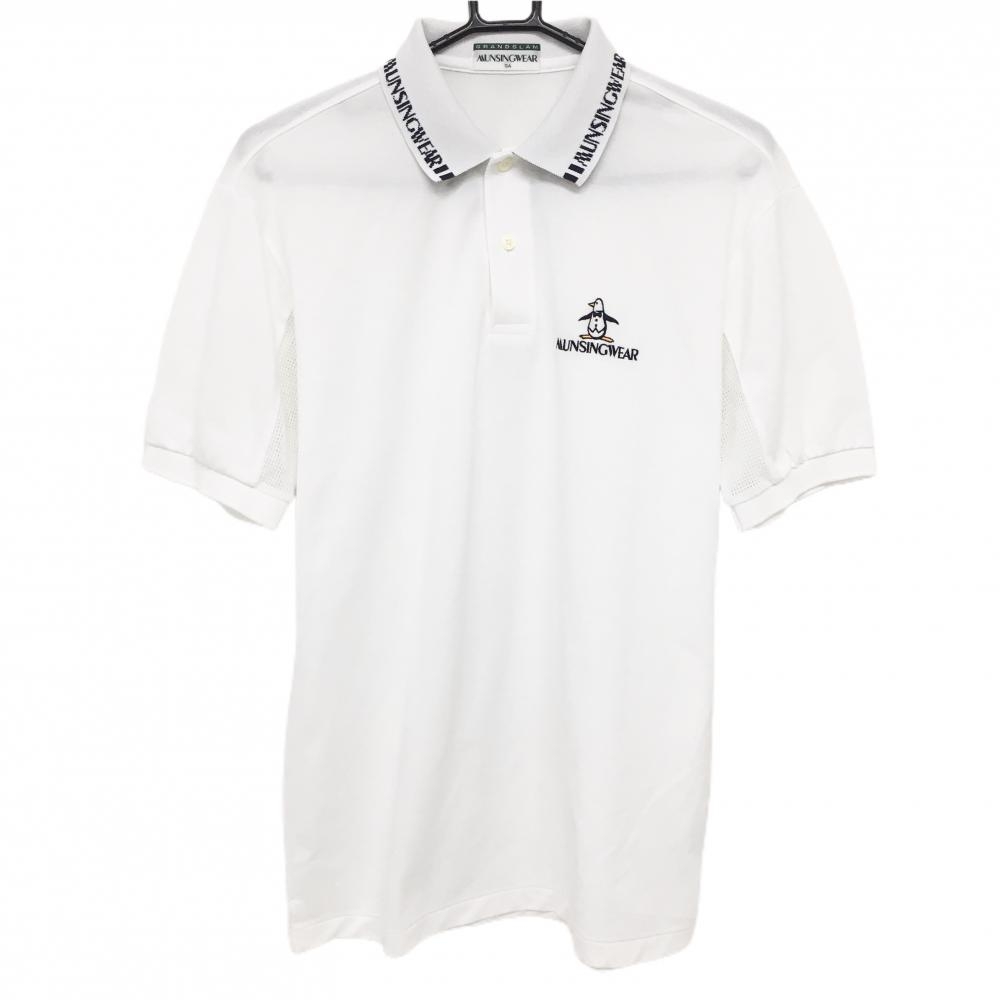 【美品】マンシングウェア 半袖ポロシャツ 白×ネイビー 袖下メッシュ ロゴ刺しゅう メンズ SA ゴルフウェア Munsingwear