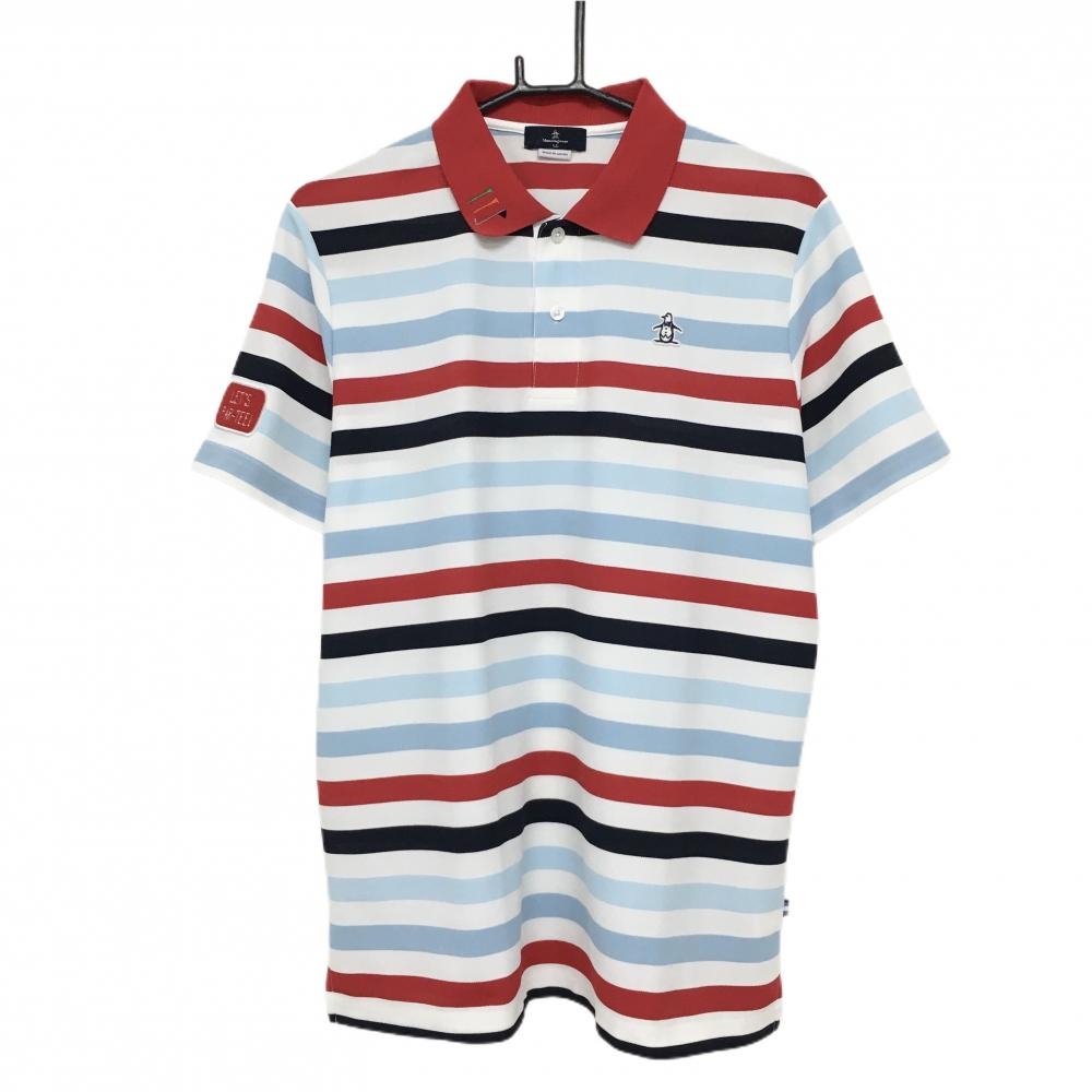マンシングウェア 半袖ポロシャツ 白×レッド×ブルー ボーダー メンズ LL ゴルフウェア Munsingwear