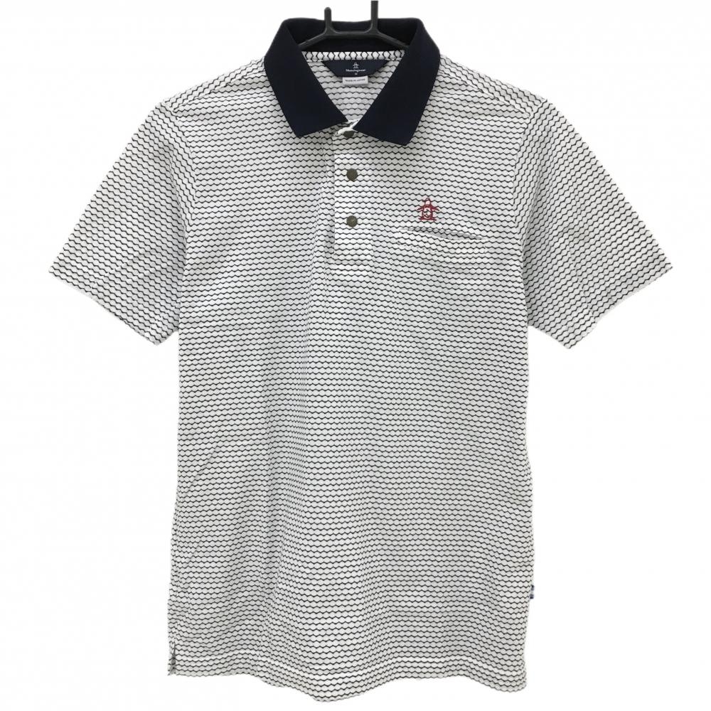 【美品】マンシングウェア 半袖ポロシャツ 白×黒 なみなみ柄風 スナップボタン 襟裏ロゴ 胸ポケット付 メンズ M ゴルフウェア Munsingwear