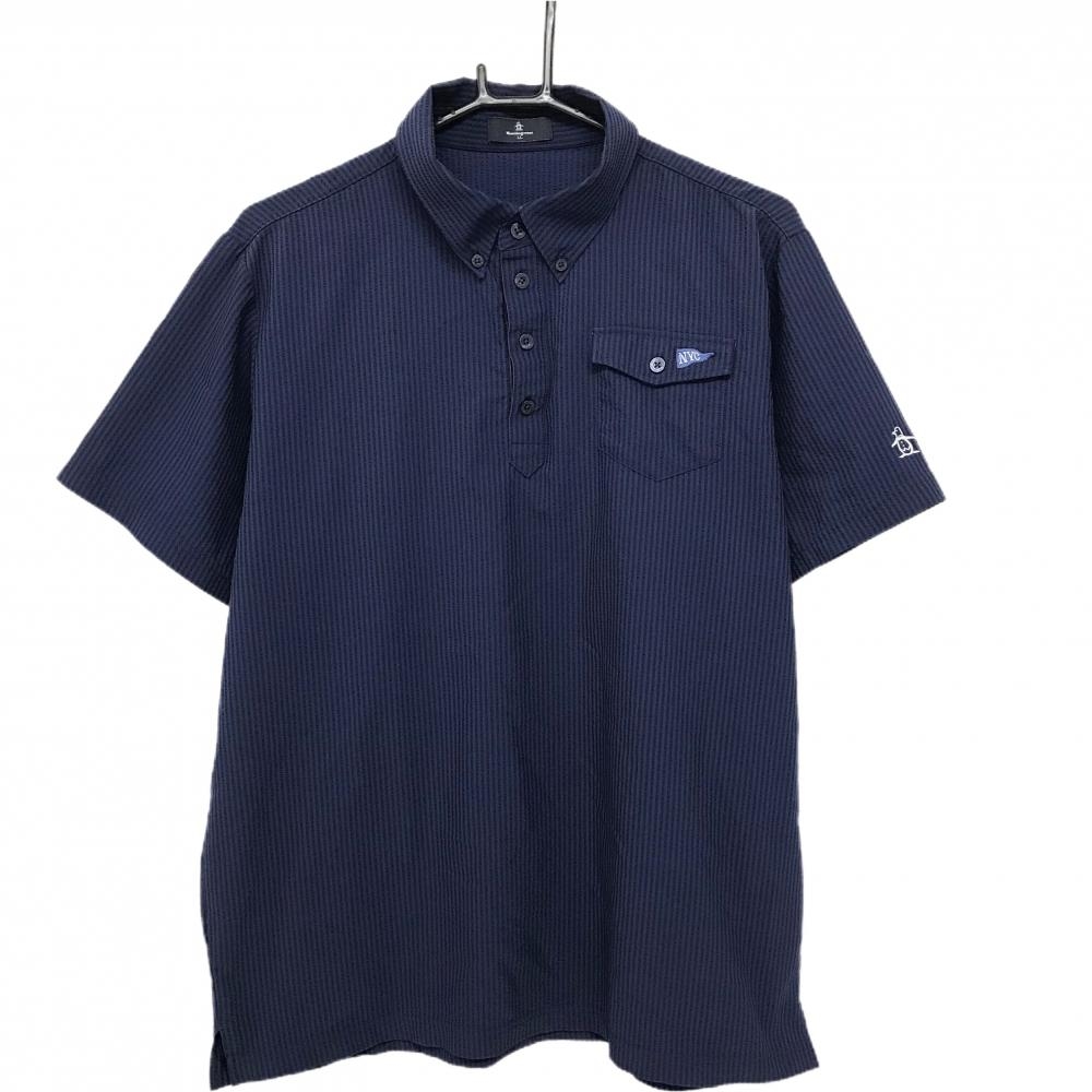 マンシングウェア 半袖ポロシャツ ネイビー×ダークネイビー ストライプ サッカー生地 ボタンダウン メンズ LL ゴルフウェア Munsingwear