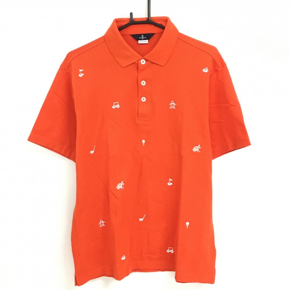 【美品】マンシングウェア 半袖ポロシャツ オレンジ×白 前身頃ゴルフ柄 メンズ LL ゴルフウェア Munsingwear