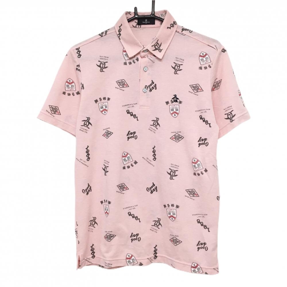 【美品】マンシングウェア 半袖ポロシャツ ピンク×グレー 総柄 ペンギン  メンズ M ゴルフウェア Munsingwear
