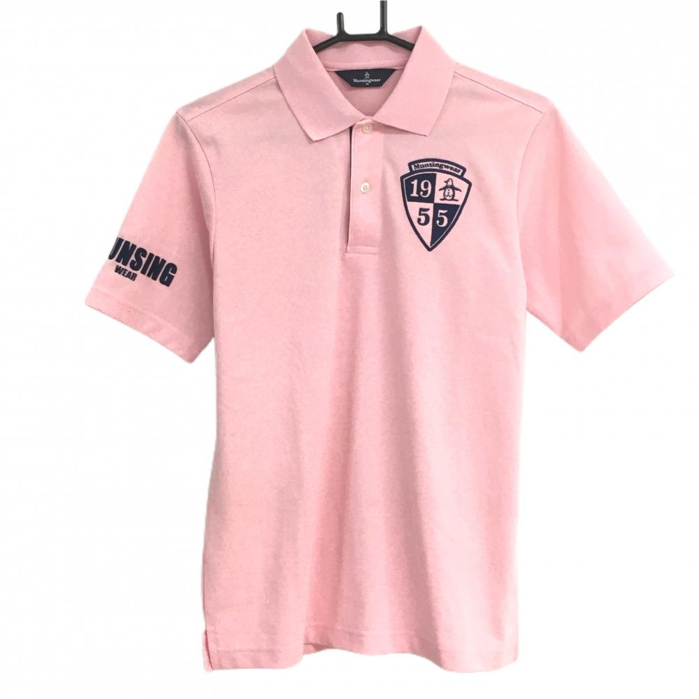マンシングウェア 半袖ポロシャツ ピンク×ネイビー ロゴ刺しゅう メンズ M ゴルフウェア Munsingwear