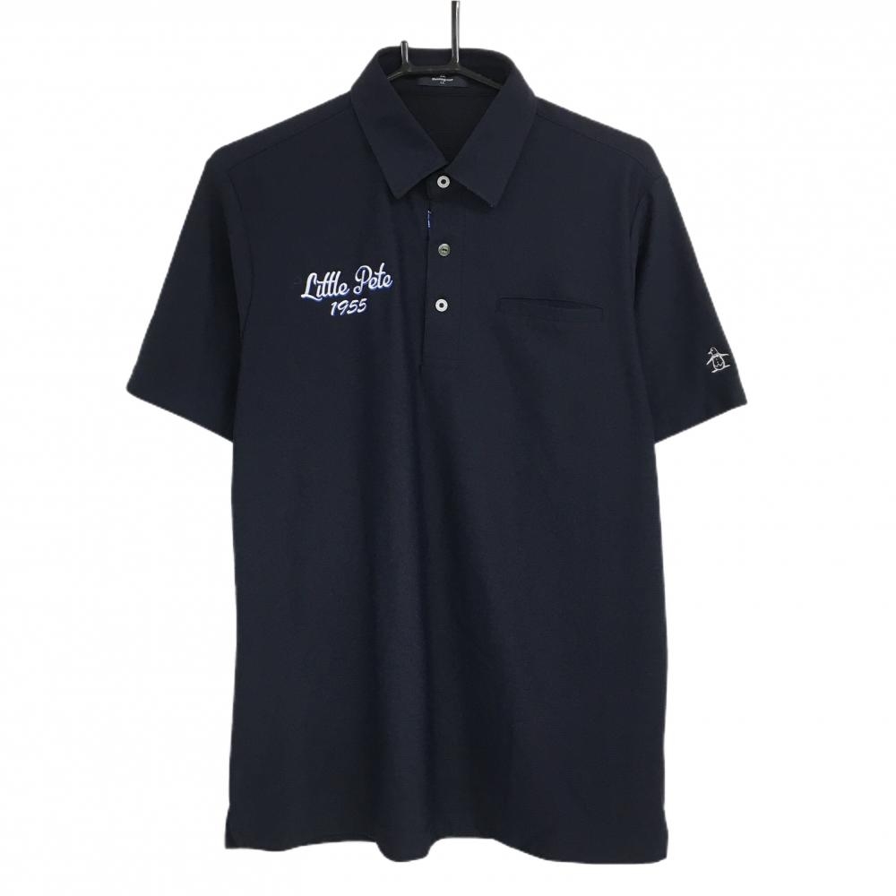 【美品】マンシングウェア 半袖ポロシャツ ネイビー×白 胸ポケット ロゴ刺しゅう メンズ LL ゴルフウェア Munsingwear