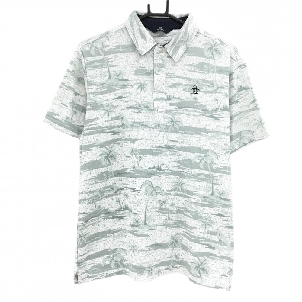 【美品】マンシングウェア 半袖ポロシャツ 白×グレーグリーン 総柄 ヤシの木 ハーフジップ 胸ロゴ メンズ LL ゴルフウェア Munsingwear