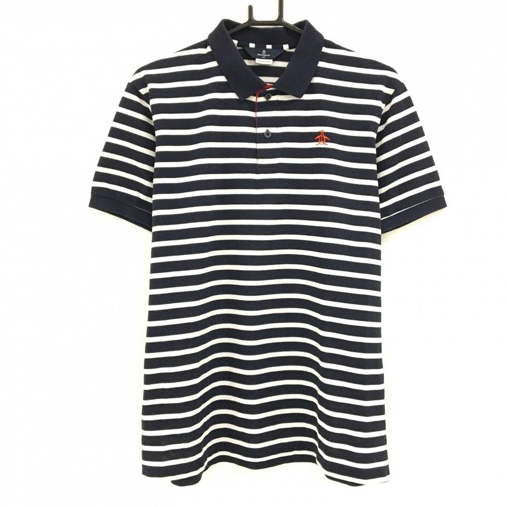 マンシングウェア 半袖ポロシャツ 白×ネイビー ボーダー 胸ロゴ  メンズ LL ゴルフウェア Munsingwear