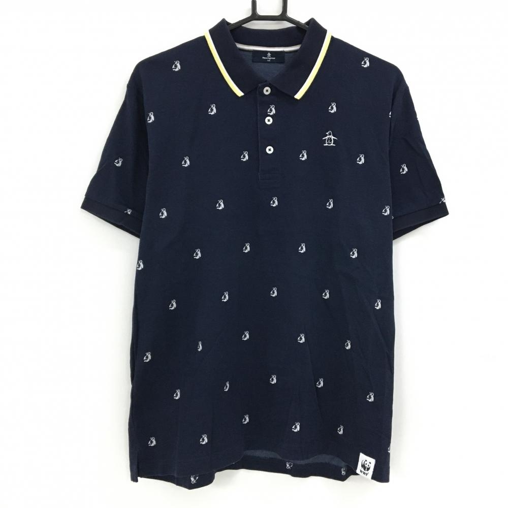 マンシングウェア 半袖ポロシャツ ネイビー×白 ペンギン総柄 胸ロゴ刺しゅう メンズ LL ゴルフウェア Munsingwear