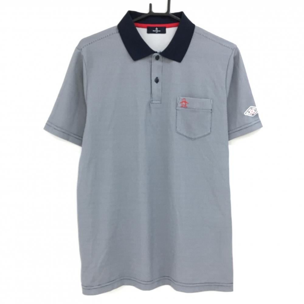 【美品】マンシングウェア 半袖ポロシャツ ネイビー系 胸ポケット 地模様 メンズ LL ゴルフウェア Munsingwear