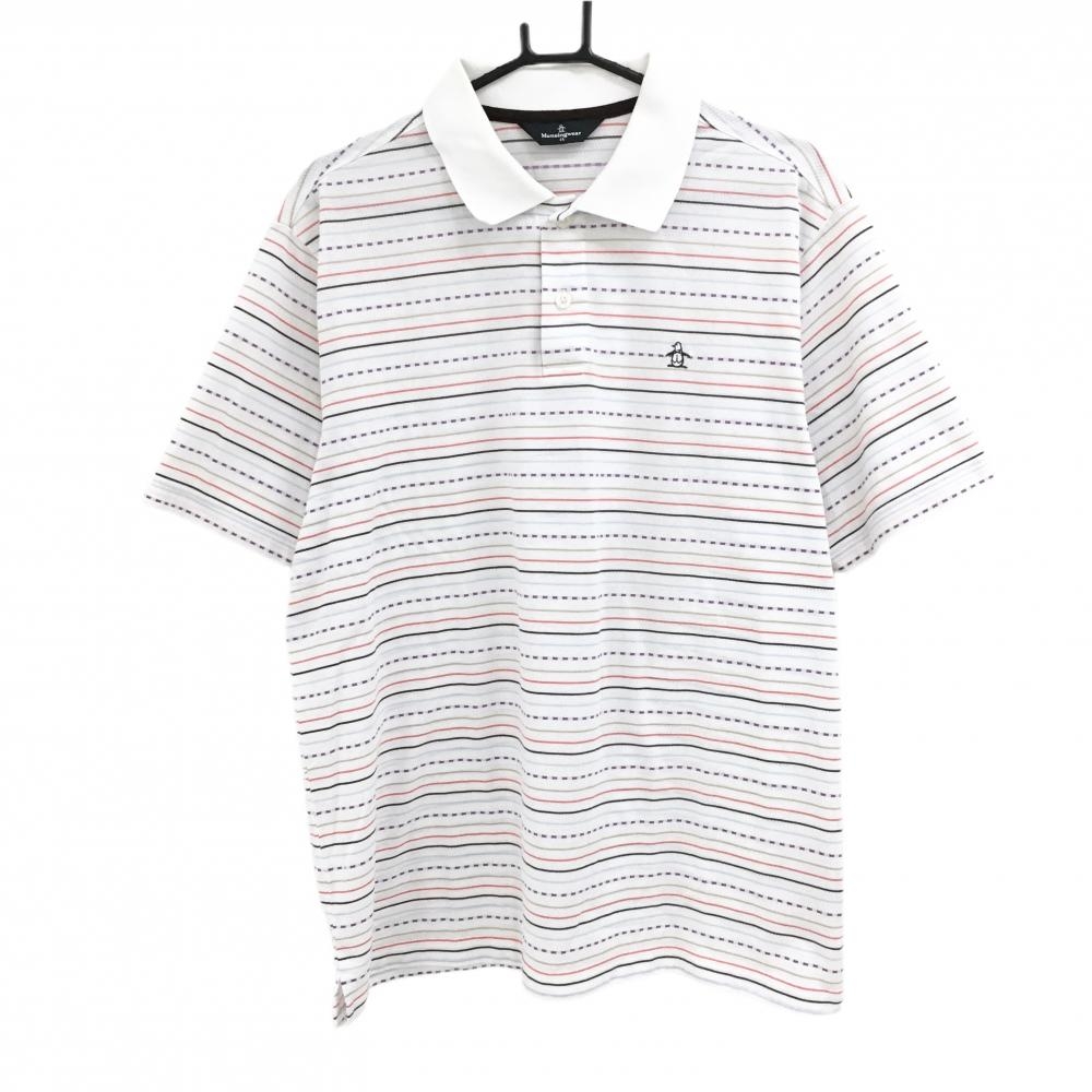 マンシングウェア 半袖ポロシャツ 白×マルチカラー ボーダー メンズ 3L ゴルフウェア 大きいサイズ Munsingwear