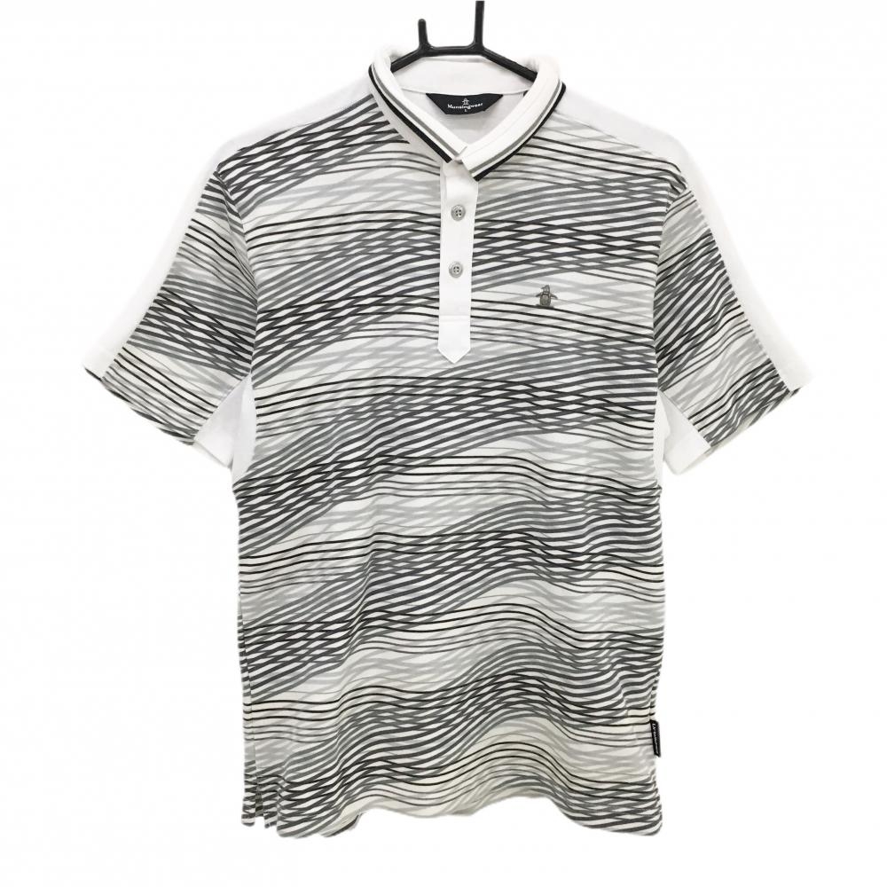 マンシングウェア 半袖ポロシャツ オフホワイト系×グレー×黒 ボーダー調 斜めストライプ メンズ L ゴルフウェア Munsingwear