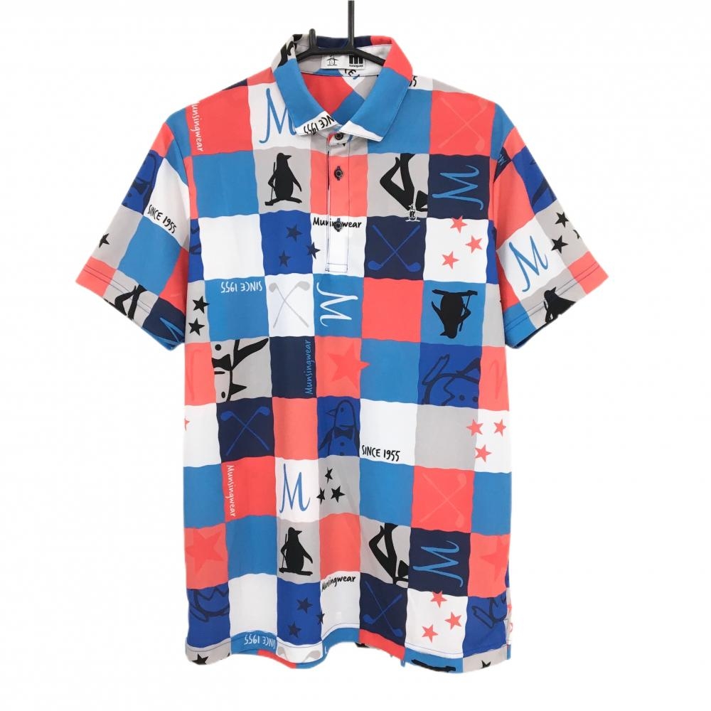 【美品】マンシングウェア 半袖ポロシャツ ブルー×レッド ブロックチェック 総柄 メンズ LL ゴルフウェア 2024年モデル Munsingwear