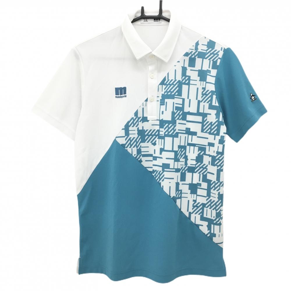 マンシングウェア 半袖ポロシャツ 白×ブルーグリーン 一部総柄 切替 メンズ M ゴルフウェア Munsingwear