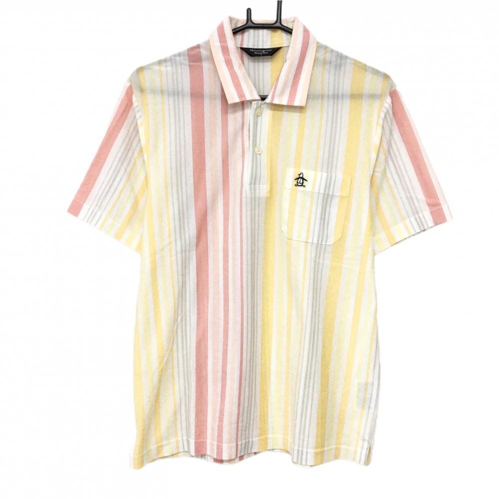 【超美品】マンシングウェア 半袖ポロシャツ 白×ピンク×イエロー ストライプ  メンズ L ゴルフウェア Munsingwear