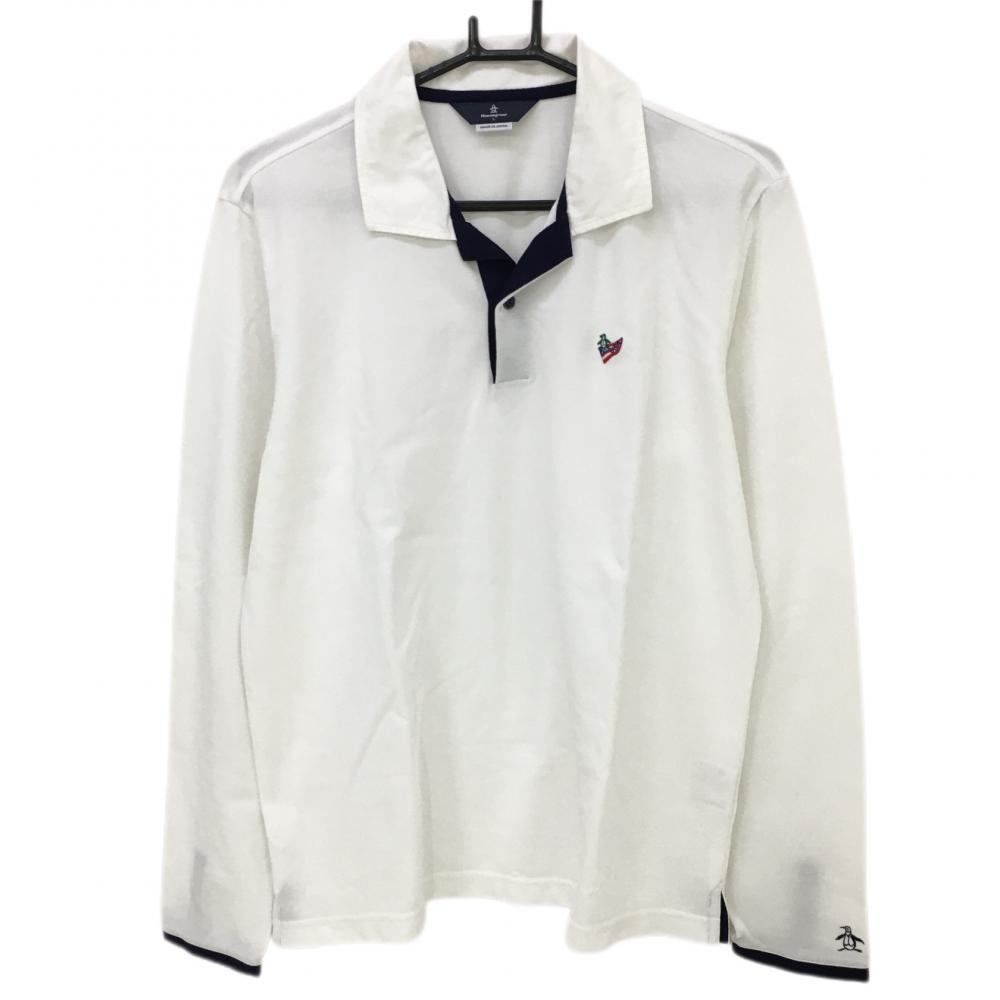 【美品】マンシングウェア 長袖ポロシャツ 白×ネイビー 袖口ボタン  メンズ L ゴルフウェア Munsingwear