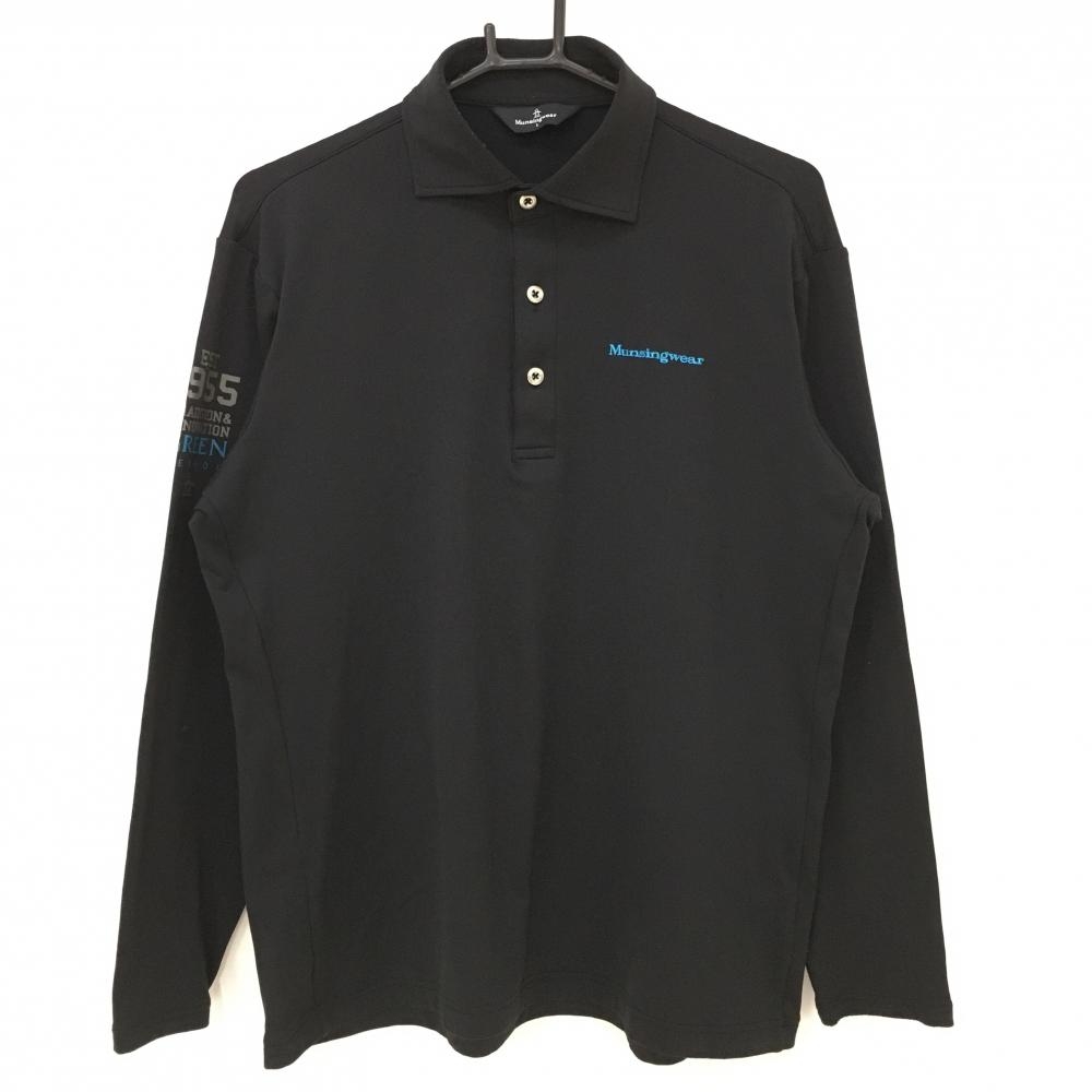 マンシングウェア 長袖ポロシャツ 黒×ブルー 刺しゅう 袖プリント メンズ L ゴルフウェア Munsingwear