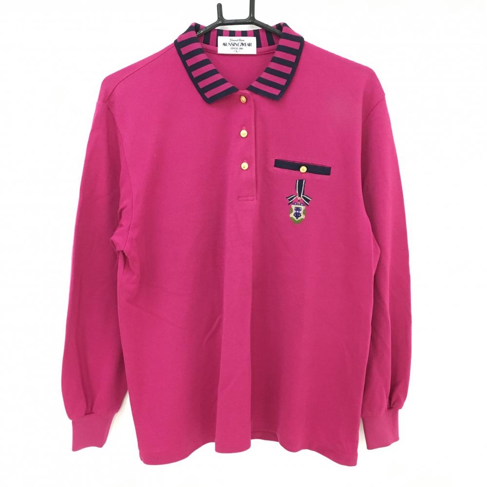 マンシングウェア 長袖ポロシャツ ピンク×ネイビー 胸元刺しゅう 飾りポケット 襟ストライプ  メンズ L ゴルフウェア Munsingwear
