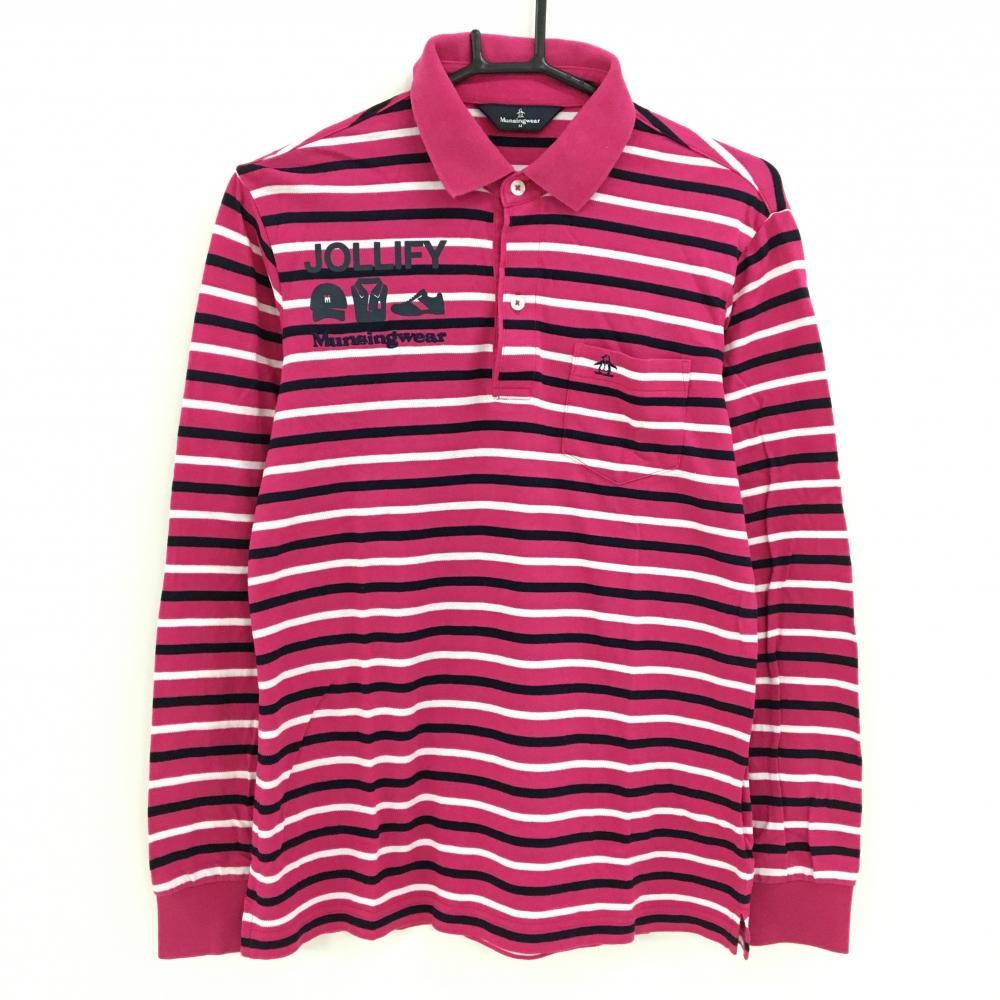 マンシングウェア 長袖ポロシャツ レッドピンク×ネイビー ボーダー ロゴ刺しゅう メンズ M ゴルフウェア Munsingwear