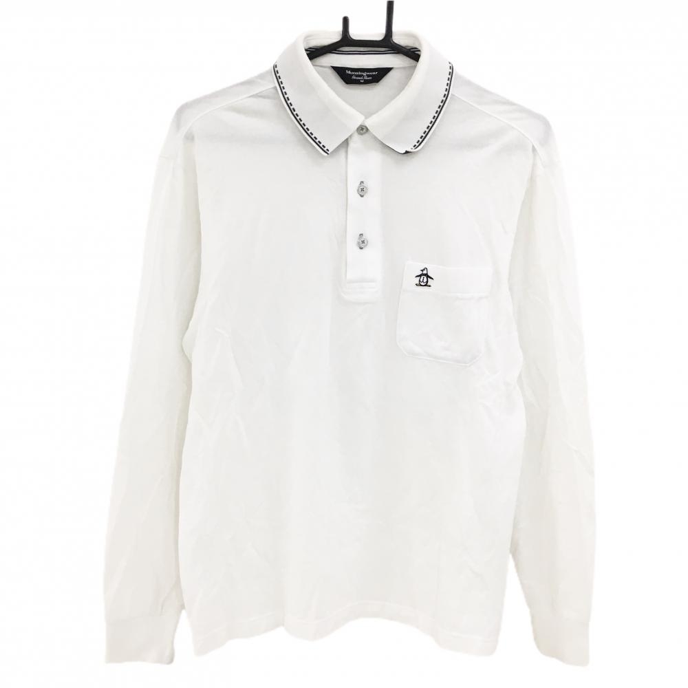 マンシングウェア 長袖ポロシャツ 白 襟黒ライン 胸ポケット メンズ M ゴルフウェア Munsingwear
