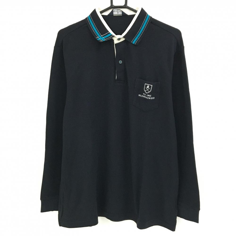 マンシングウェア 長袖ポロシャツ 黒 ×ブルー系 ネックライン 胸ポケット  メンズ 3L ゴルフウェア 大きいサイズ Munsingwear