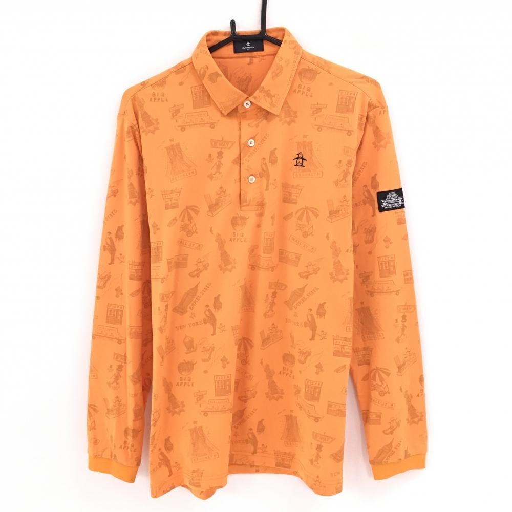 マンシングウェア 長袖ポロシャツ オレンジ×ブラウン 総柄 ペンギン メンズ LL ゴルフウェア Munsingwear
